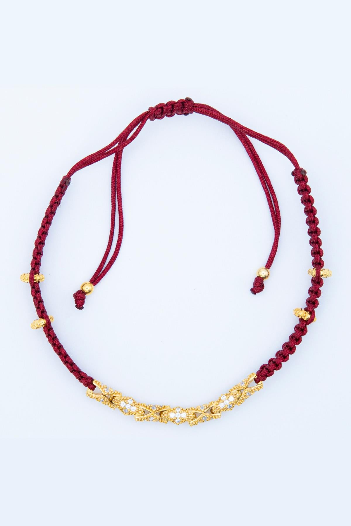 Neo Blanco Makrome 18K Altın Kaplama Ayarlanabilir Bileklik, 925 Ayar Gümüş ve Zirkonyum Takı, Bordo