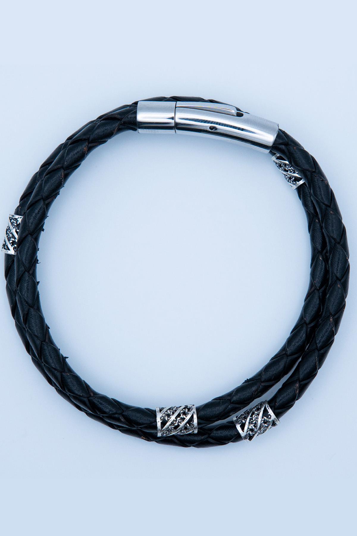 Neo Blanco Çift Sarma Siyah 925 Ayar Gümüş Deri Bileklik, Hakiki Deri Erkek Bileklik