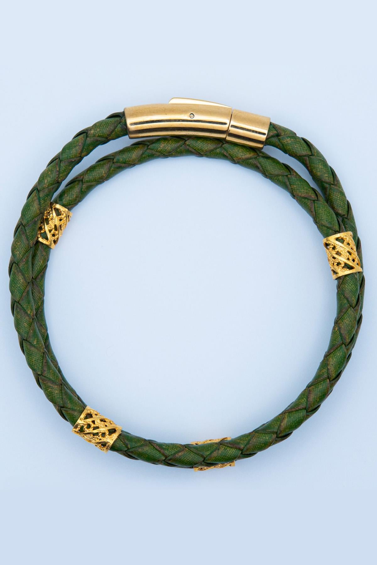 Neo Blanco Çift Sarma Yeşil Deri Bileklik, Altın Kaplama Erkek Deri Bileklik