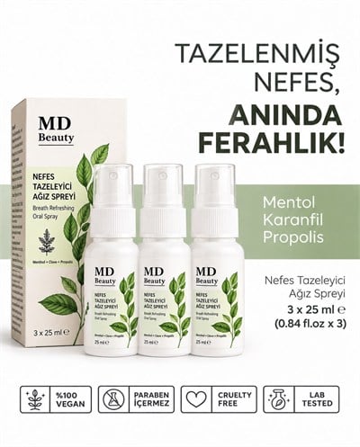 MD Beauty Nefes Tazeleyici Ağız Spreyi 3lü Set 3x25 ml – Mentol, Karanfil ve Propolis İçeren Ferahlatıcı Sprey