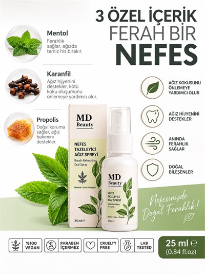 MD Beauty Nefes Tazeleyici Ağız Spreyi 3lü Set 3x25 ml – Mentol, Karanfil ve Propolis İçeren Ferahlatıcı Sprey