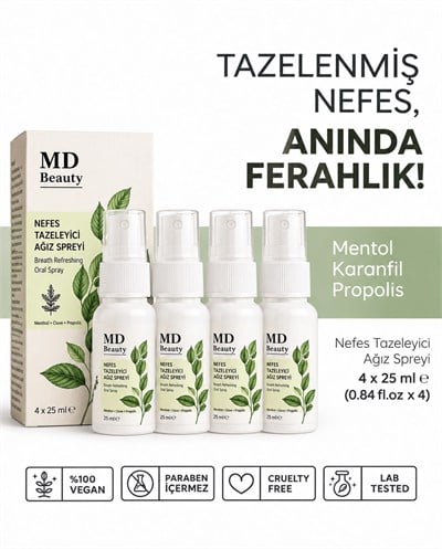 MD Beauty Nefes Tazeleyici Ağız Spreyi 4lü Set 4x25 ml – Mentol, Karanfil ve Propolis İçeren Ferahlatıcı Sprey