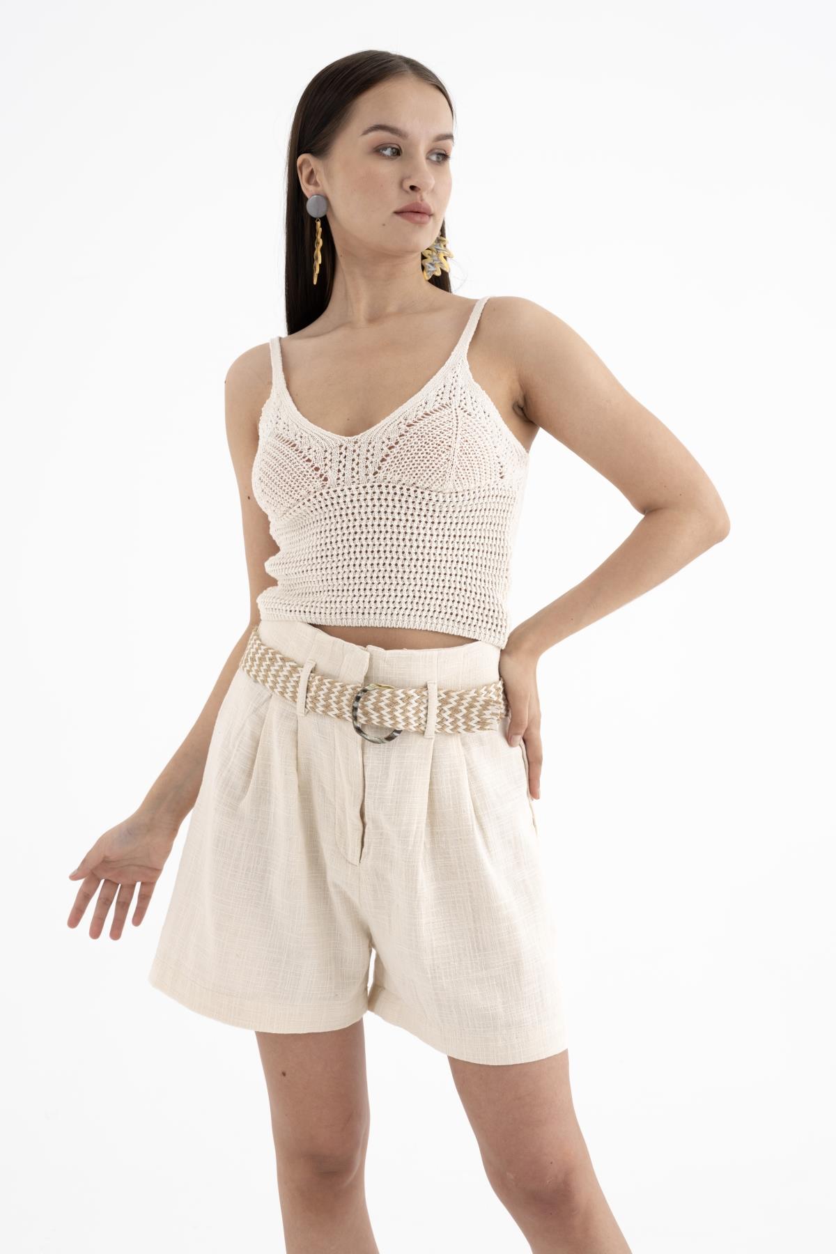 Kemerli Keten Şort