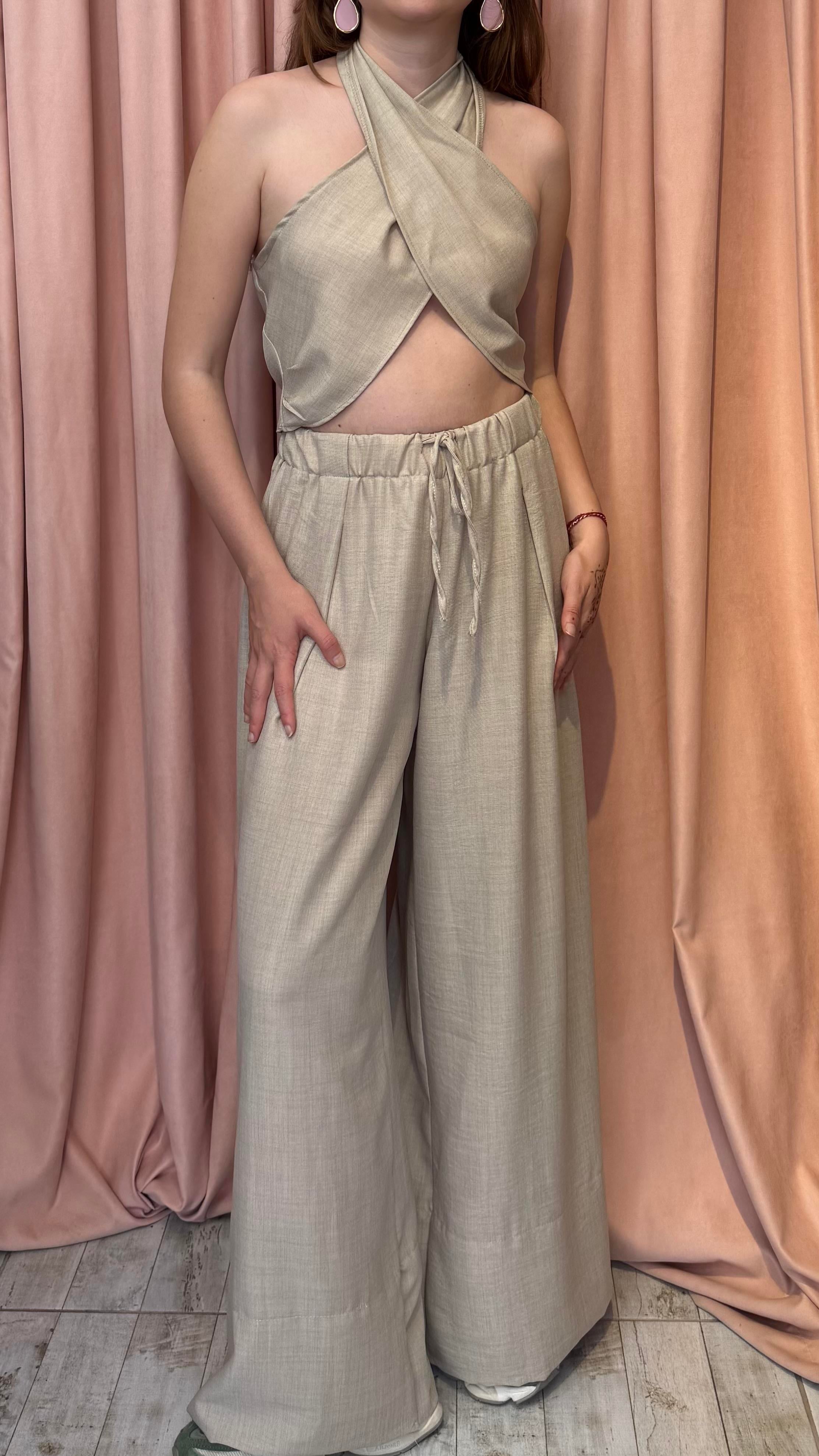 ÇAPRAZ BAĞLAMALI CROP KETEN TAKIM