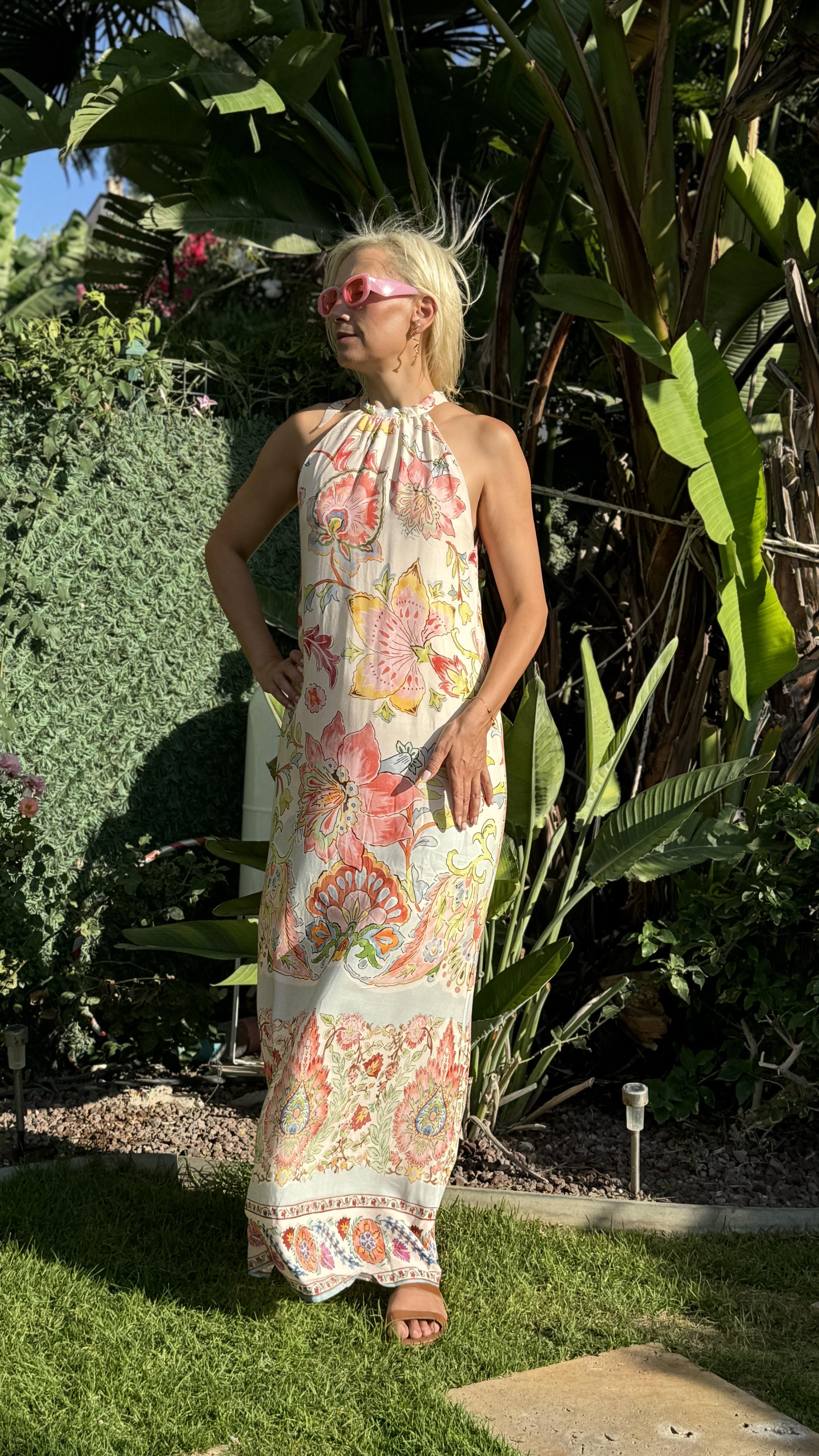 halter yaka desenli viskon elbise