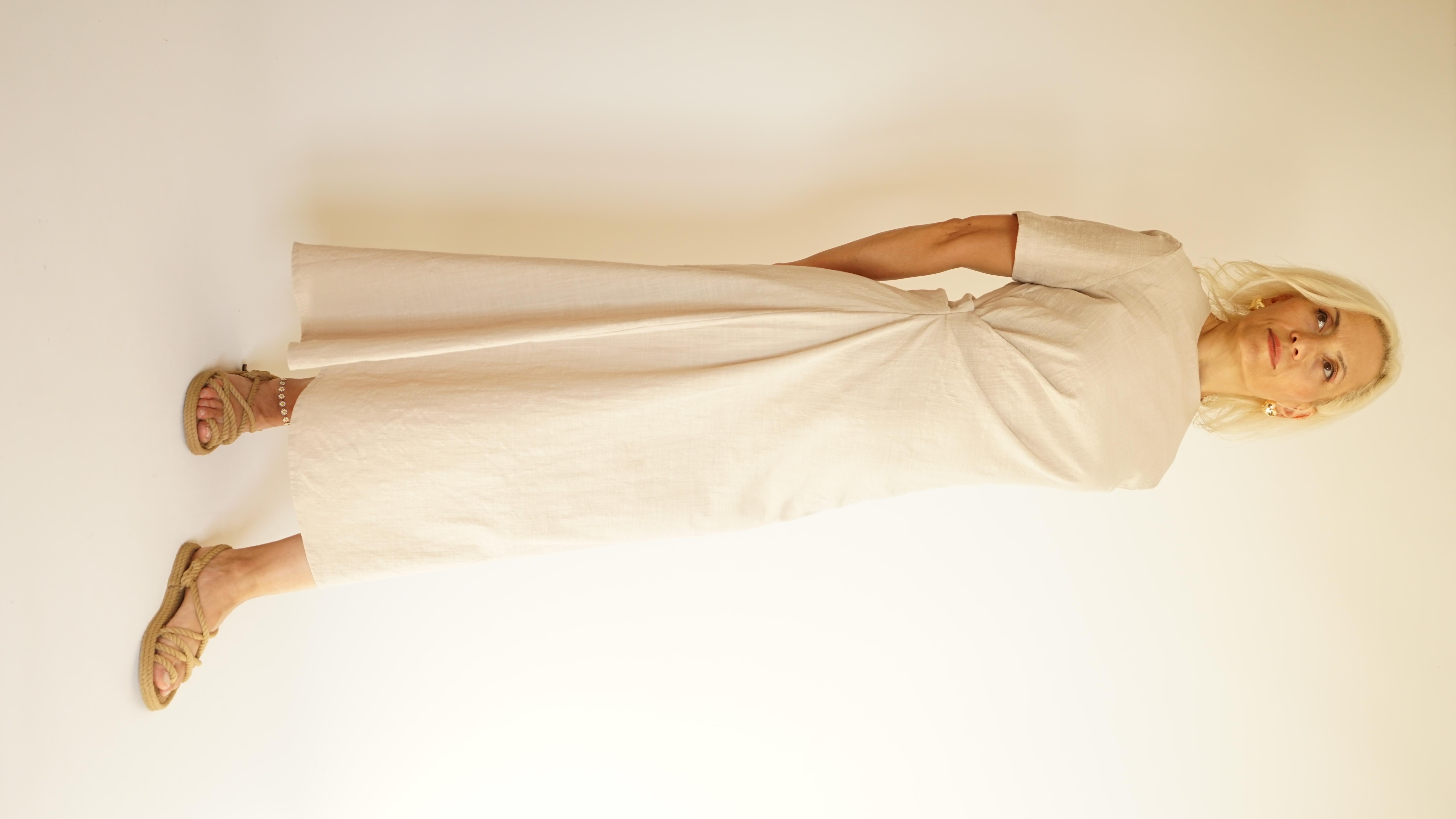 kısa kol drapeli keten elbise