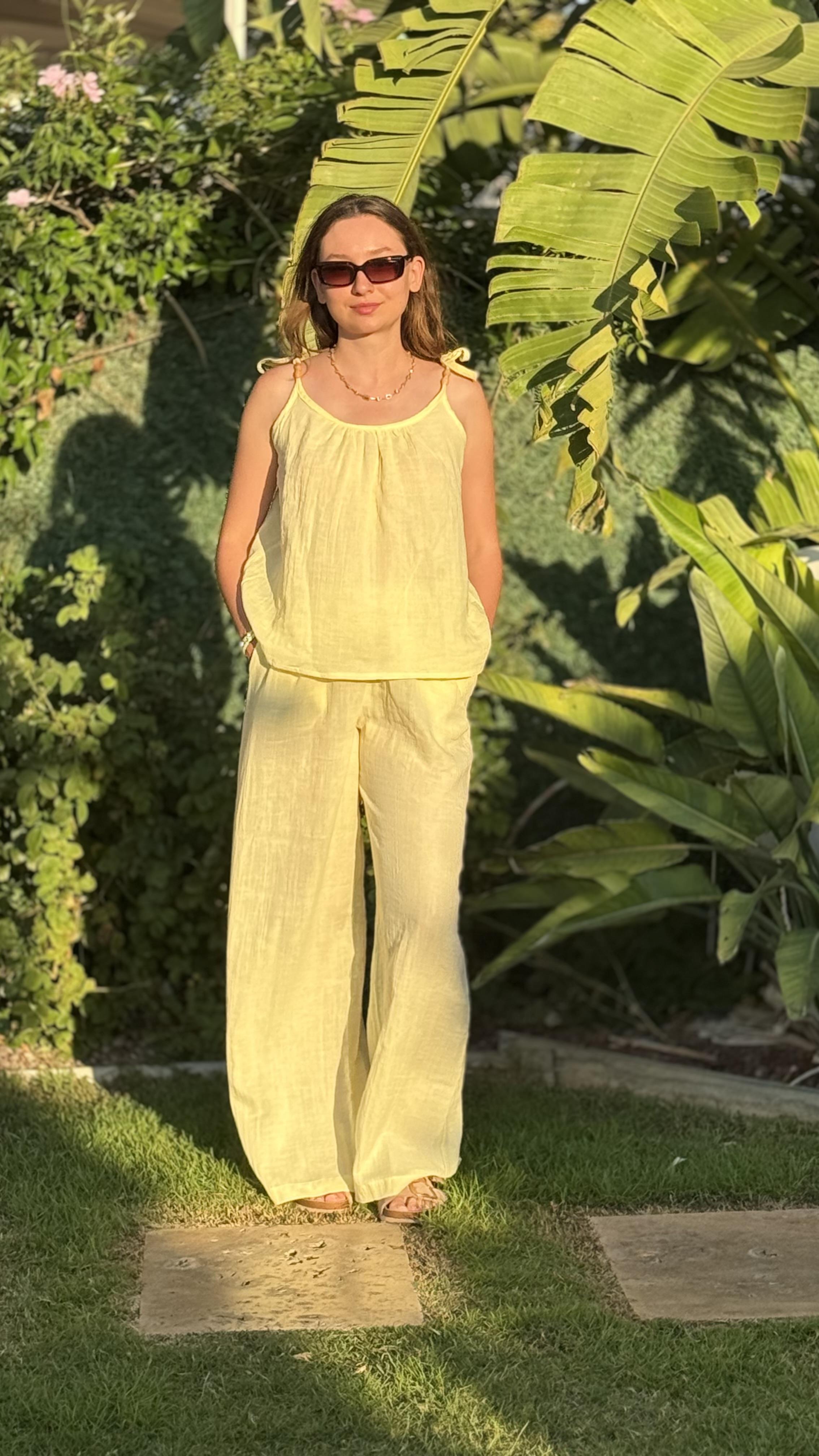 Müslin askılı pantolon takım