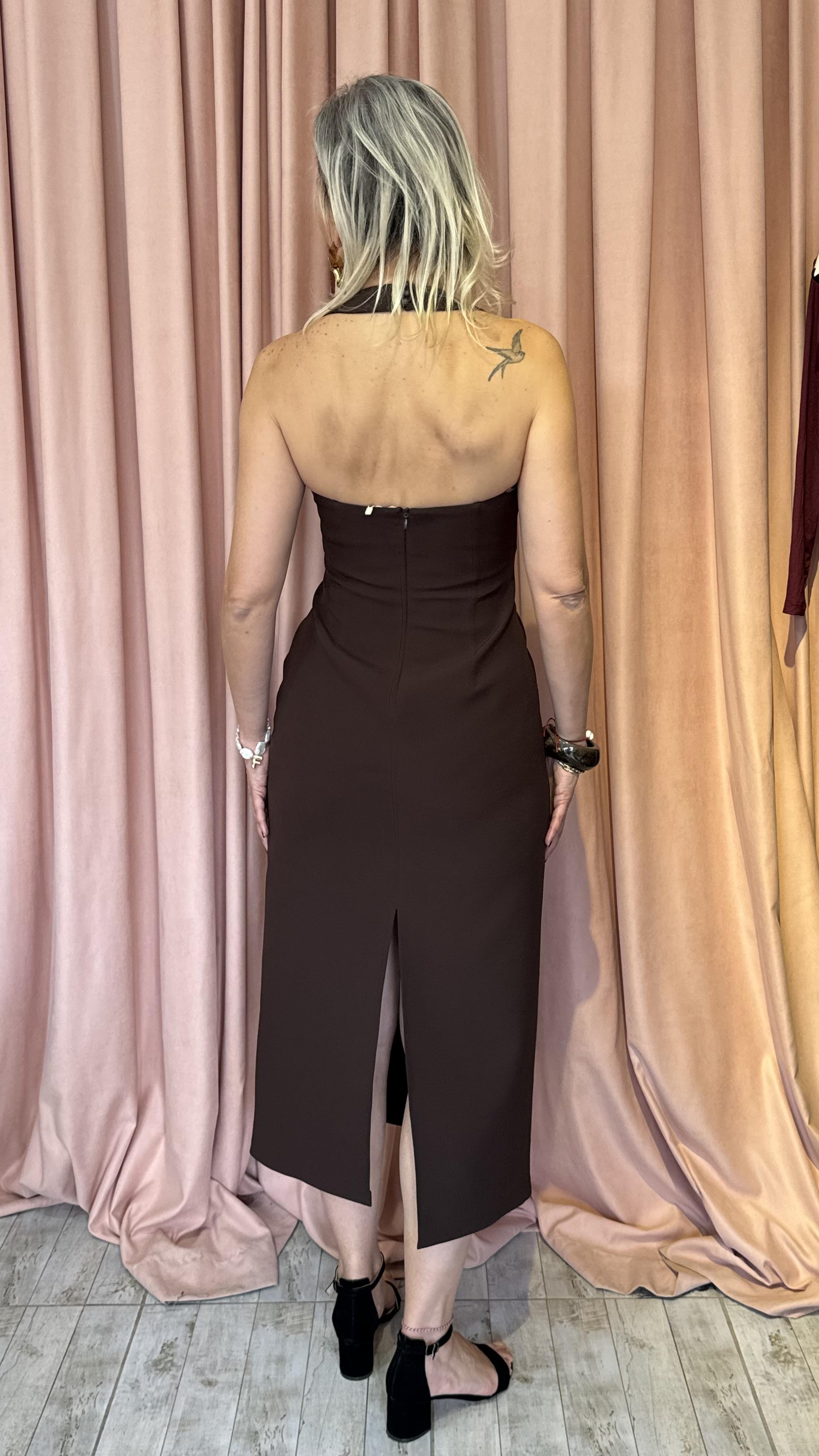 boyundan bağlamalı yırtmaçlı elbise