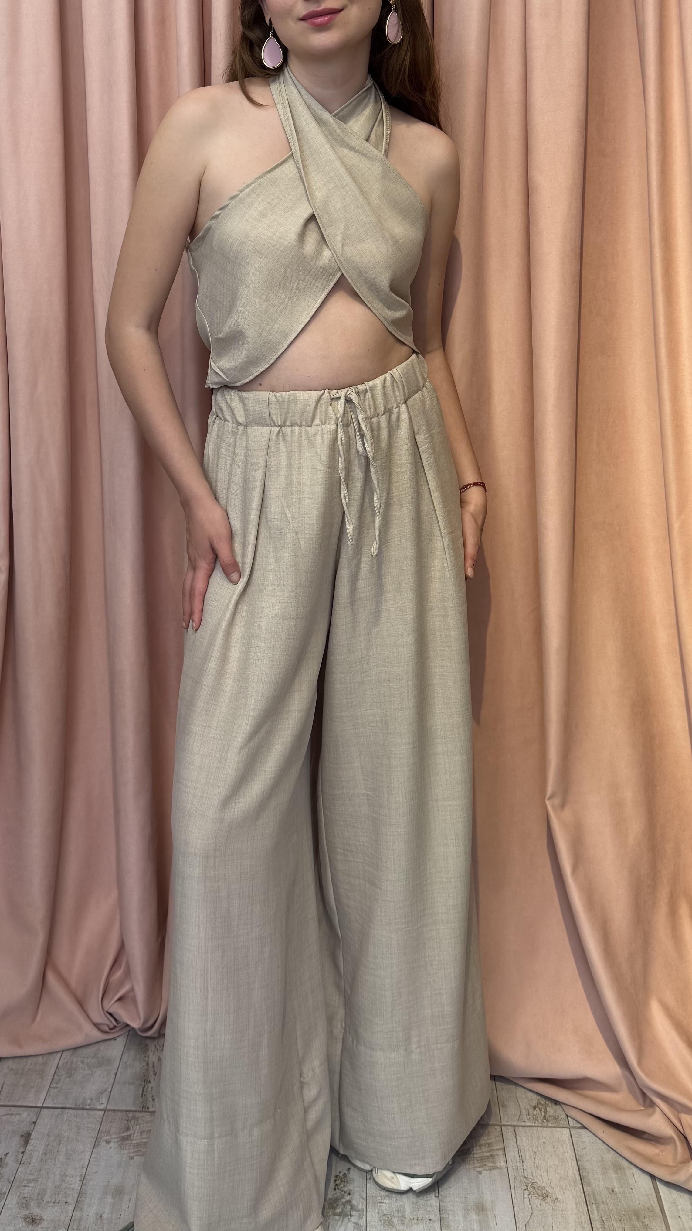 ÇAPRAZ BAĞLAMALI CROP KETEN TAKIM