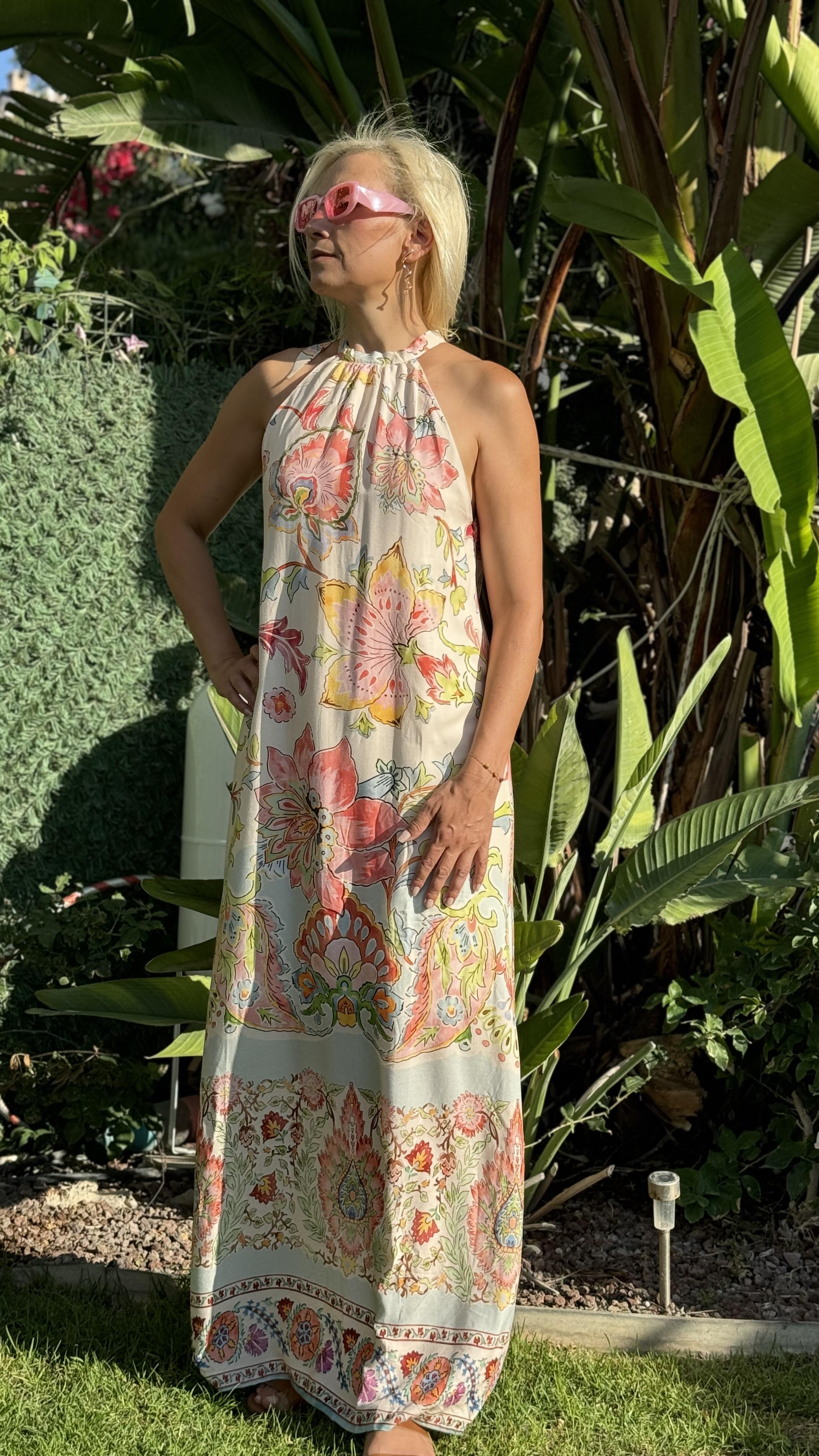 halter yaka desenli viskon elbise