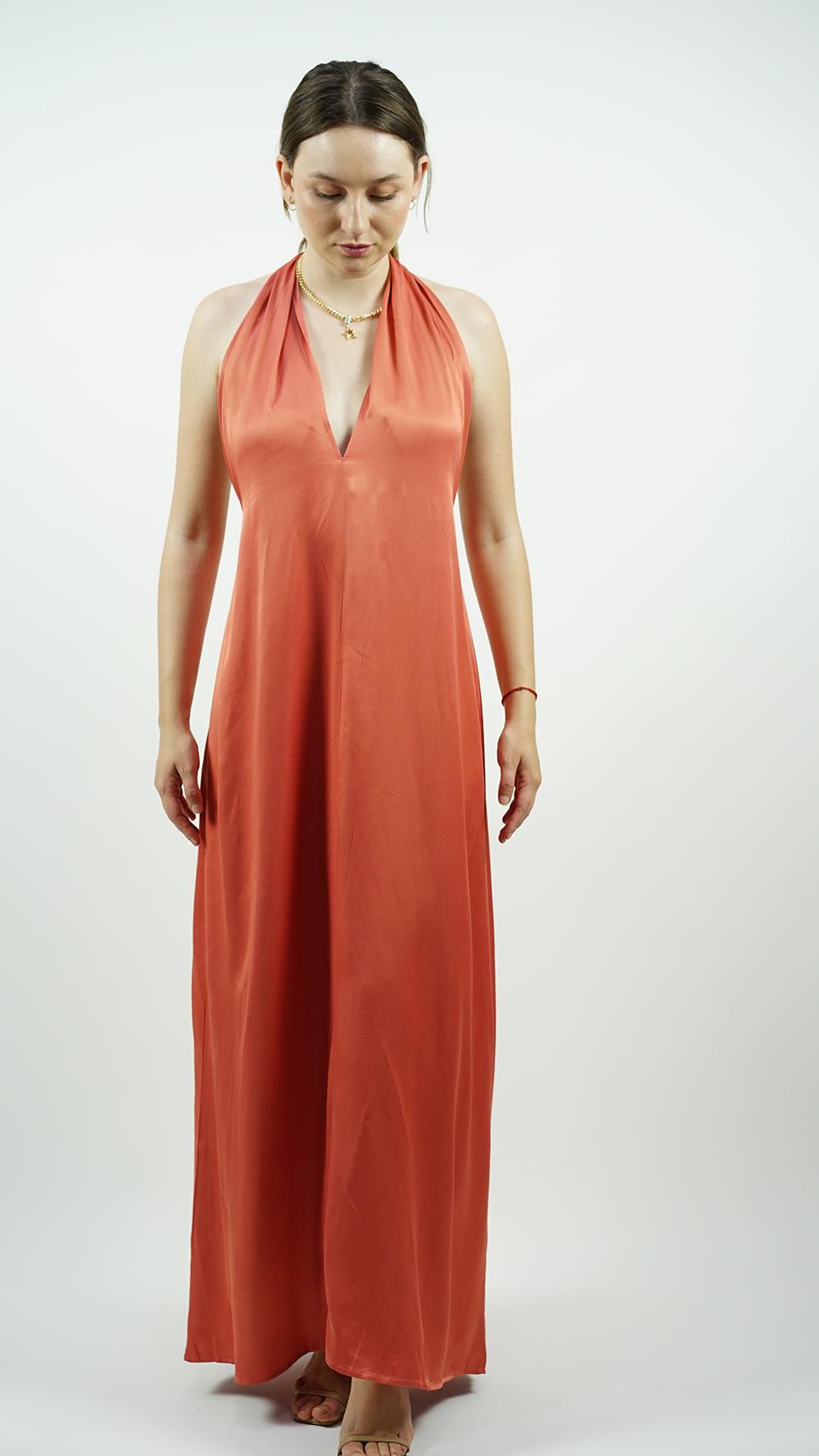 Kiremit saten Floş elbise 