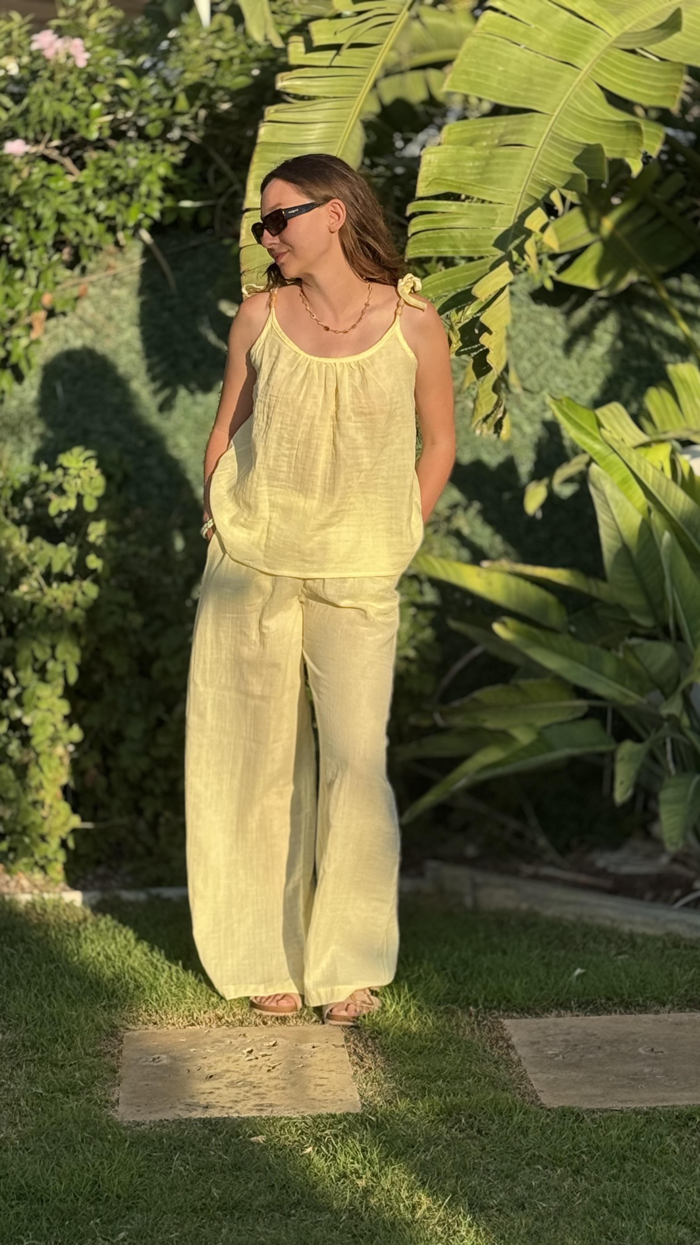 Müslin askılı pantolon takım