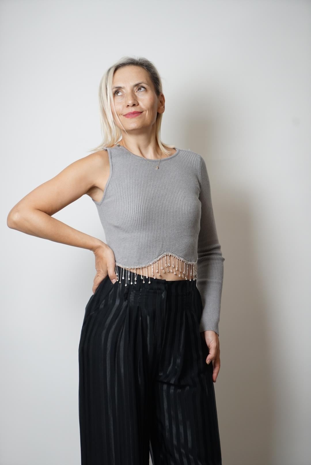 tek omuz taş detay kazak