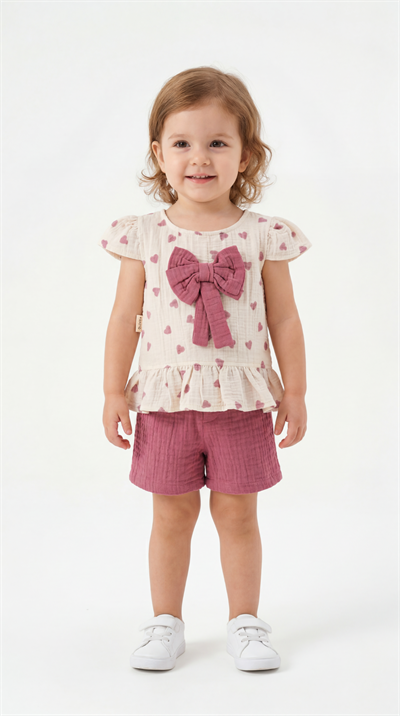 Kalp Desenli Fiyonklu Kız Çocuk Alt Üst Takım