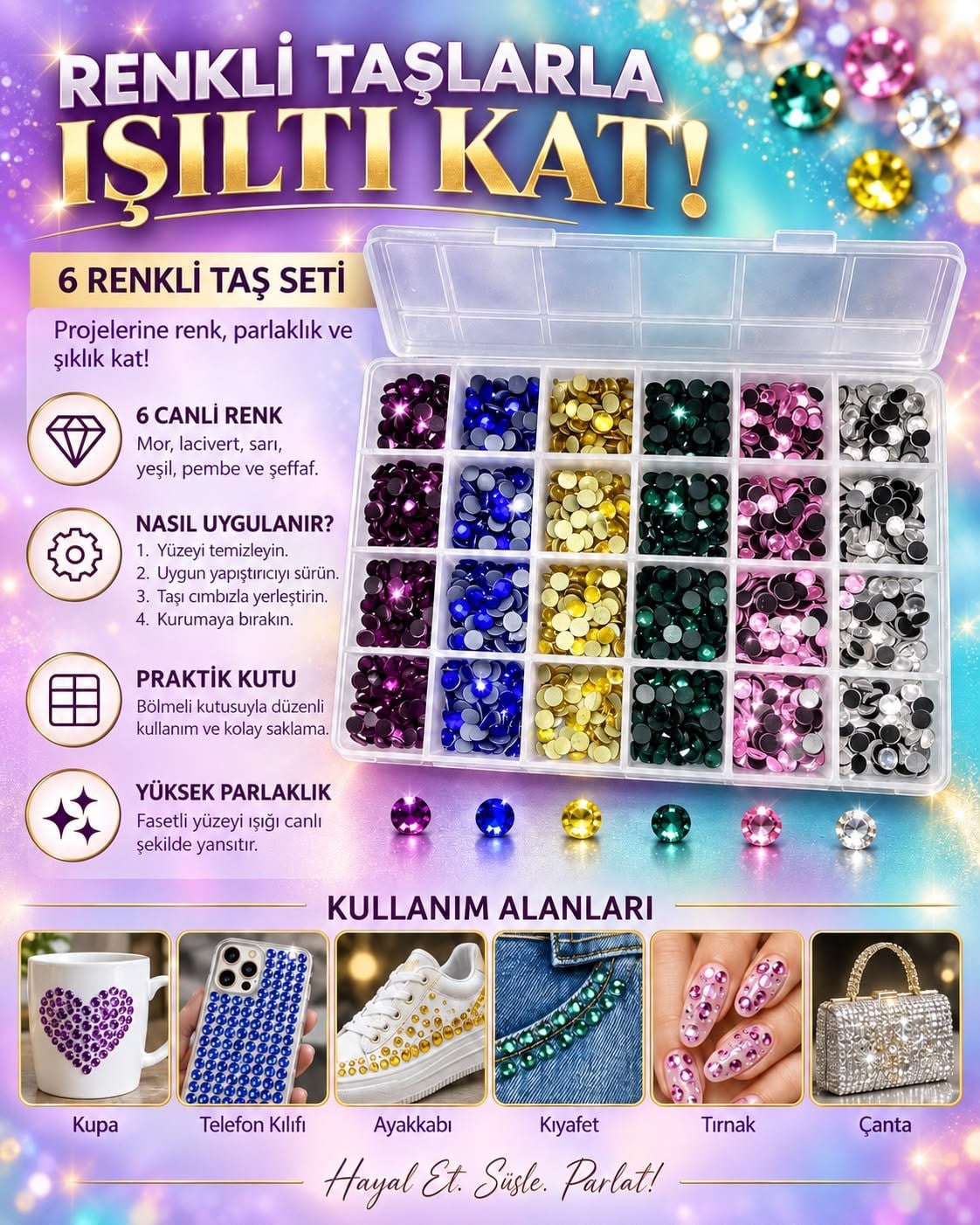 6 Renk 1320 Adet Hotfix Ütü Ile Yapışan taş kutulu 