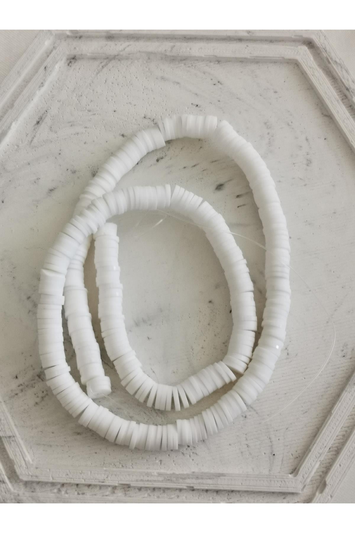 Fimo Boncuk Dizisi,40cm Hamur Boncuk Fimo Dizi 6mm Beyaz Renk Polimer Kil
