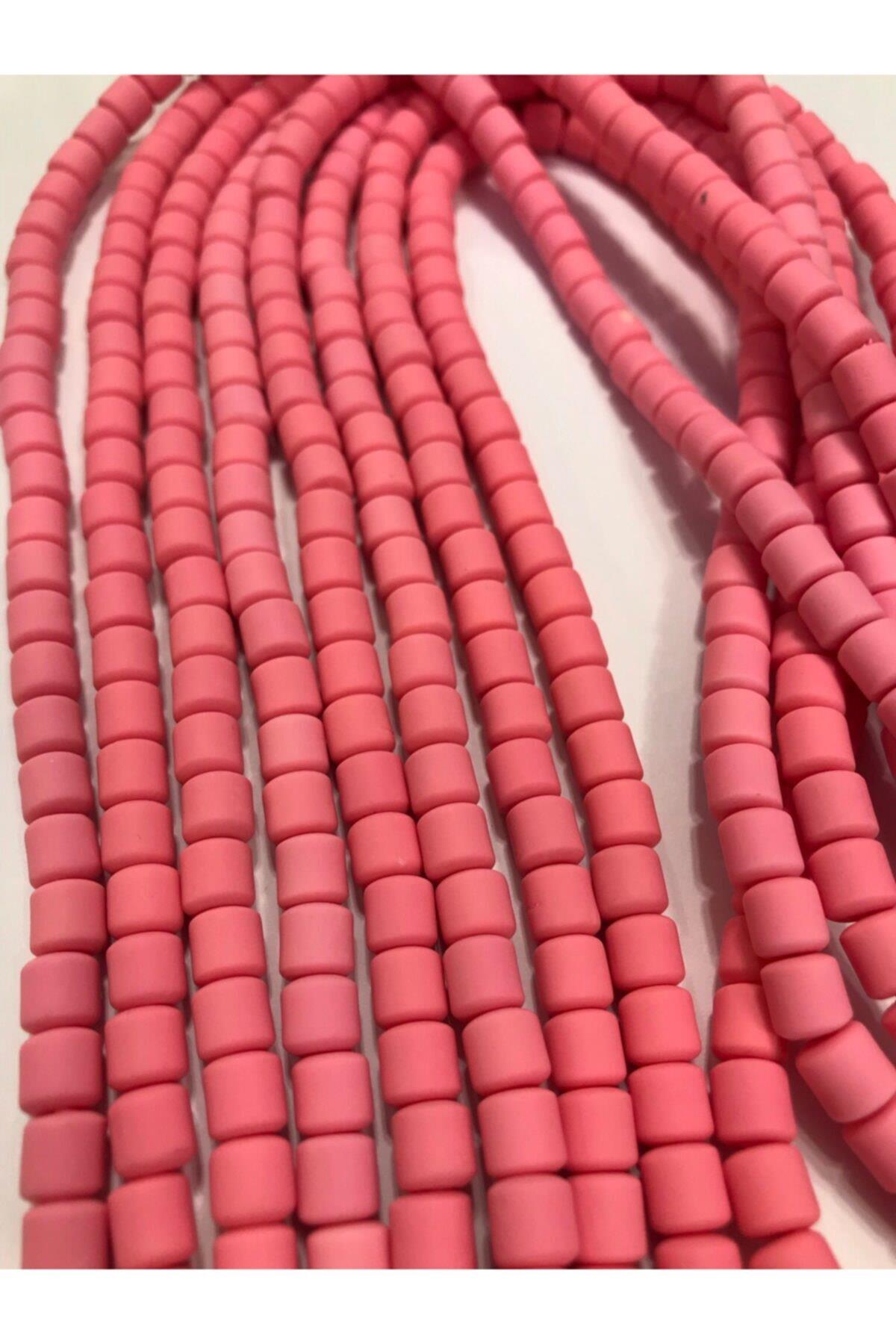 Lino Boncuk, Pembe Renk Polimer Kil Lino Hamur Boncuk Dizisi,6mm Silindir 40cm