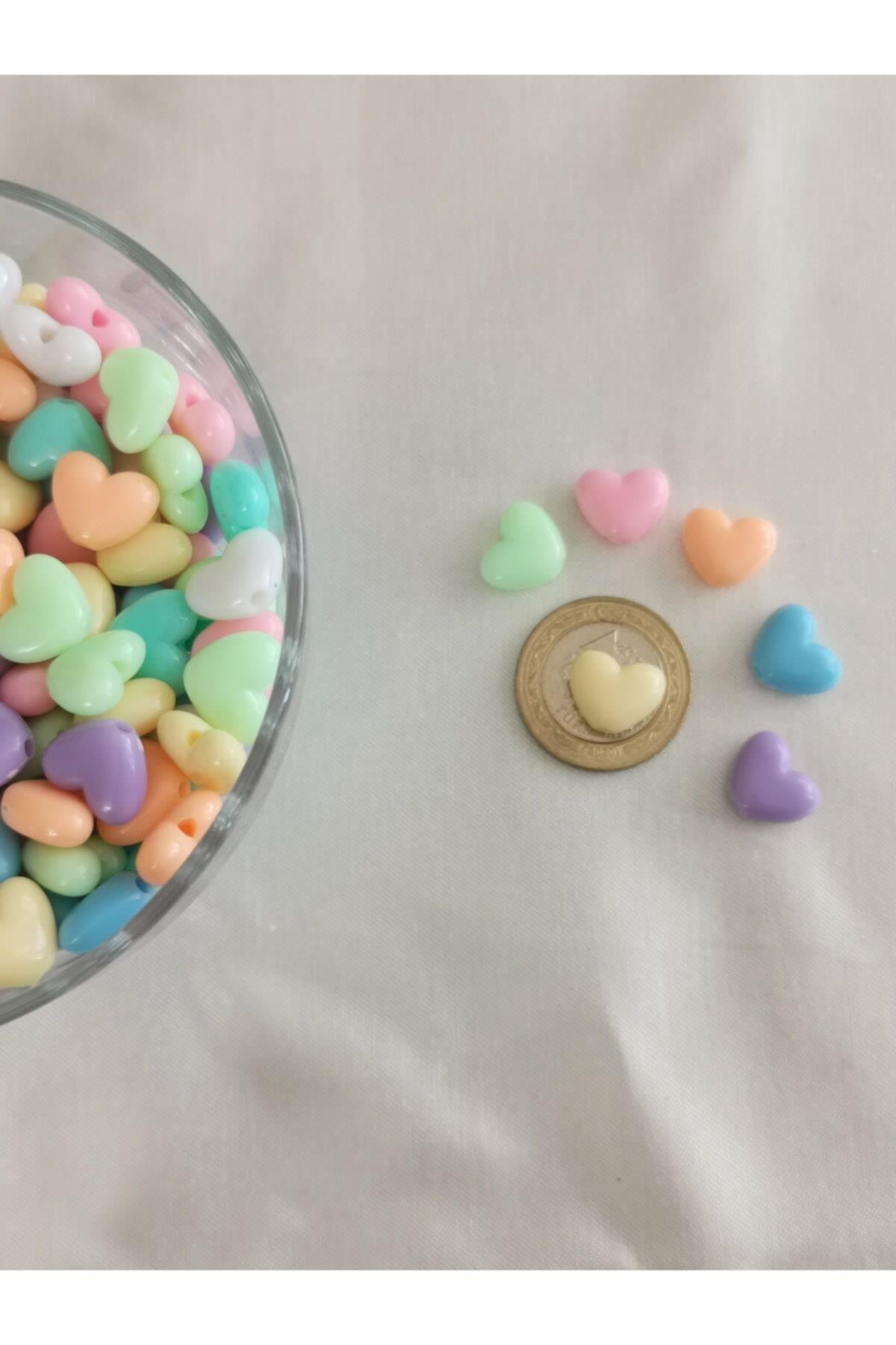 10mm Pastel Karışık Renkli Plastik Kalp Model Boncuk ,takı Yapım Hobi Boncuğu (50 Gr)