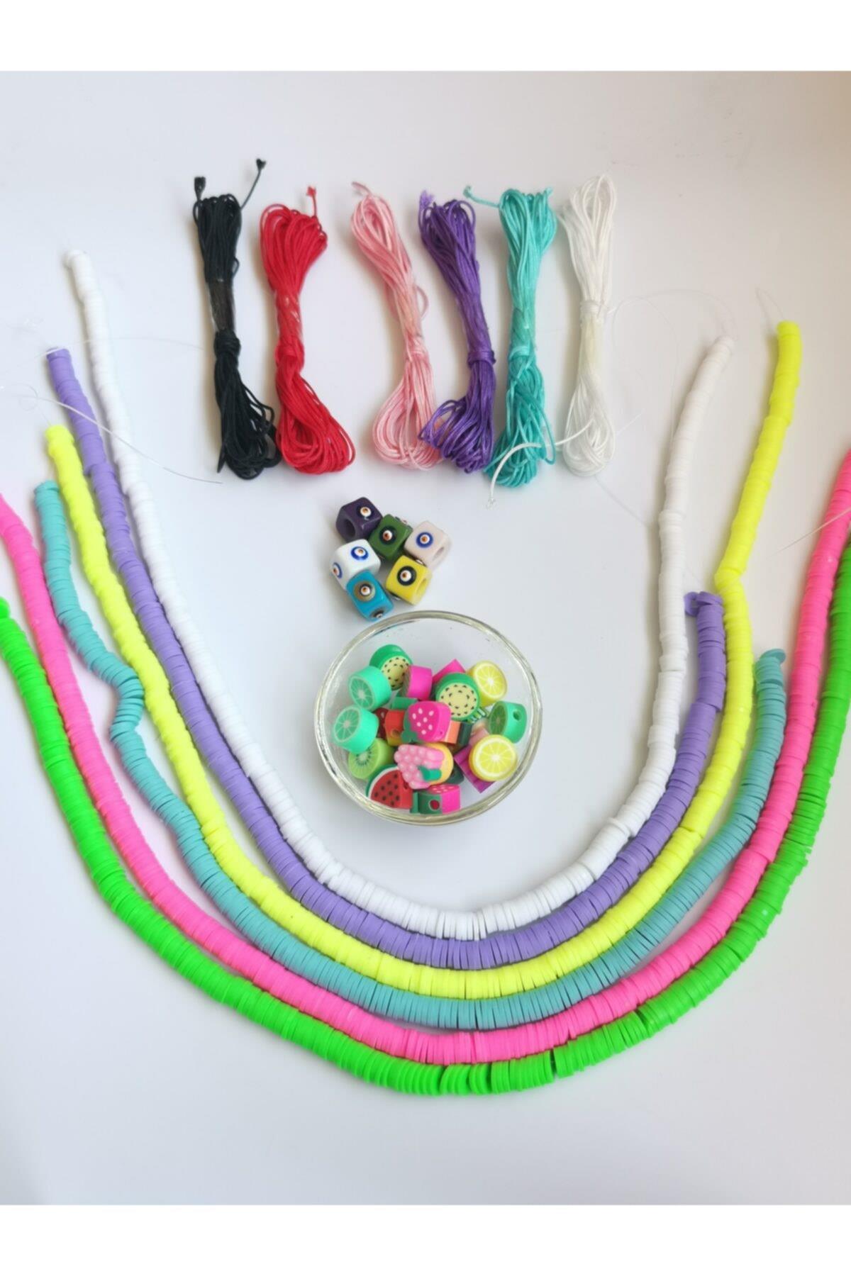 6 Renk Fimo Boncuk 6 Mm, 10 Adet Desenli Fimo 6 Adet Nazarlı Boncuk Ipli Set (takı Yapım Hobi Set )