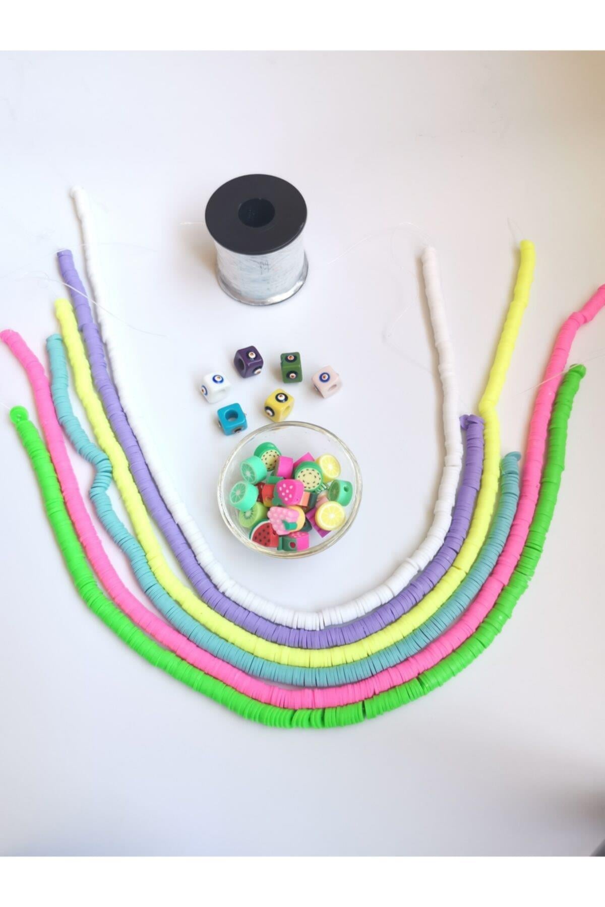 6 Renk Fimo Boncuk 6 Mm, 10 Adet Desenli Fimo 6 Adet Nazarlı Misinalı Set (takı Yapım Hobi Set )