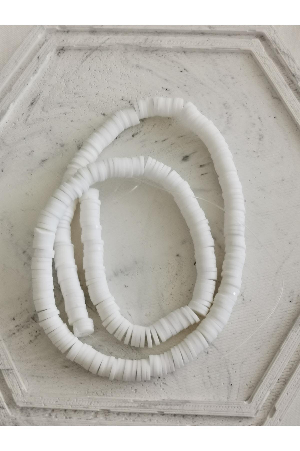 Fimo Boncuk Dizisi,40cm Hamur Boncuk Fimo Dizi 6mm Beyaz Renk Polimer Kil