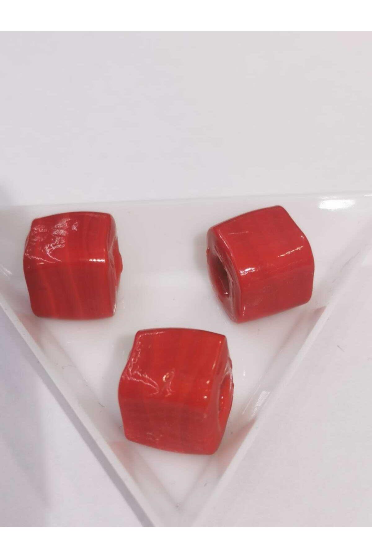 Kırmızı Renk Kare Cam Boncuk,9 Mm Camboncuk ,takı Yapımı (3 Adet )