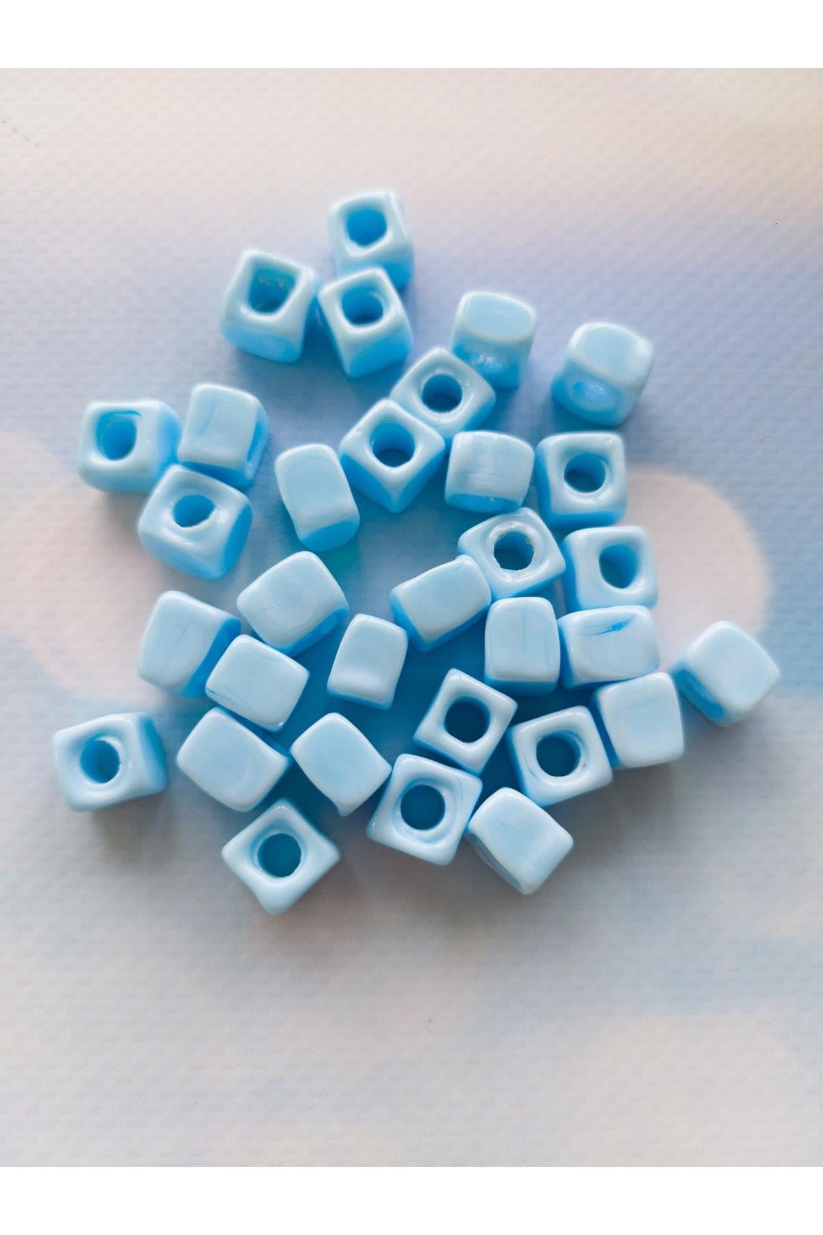 Murano El Yapımı Açık Mavi Renk Kare Boncuk (4 ADET) (8 MM)