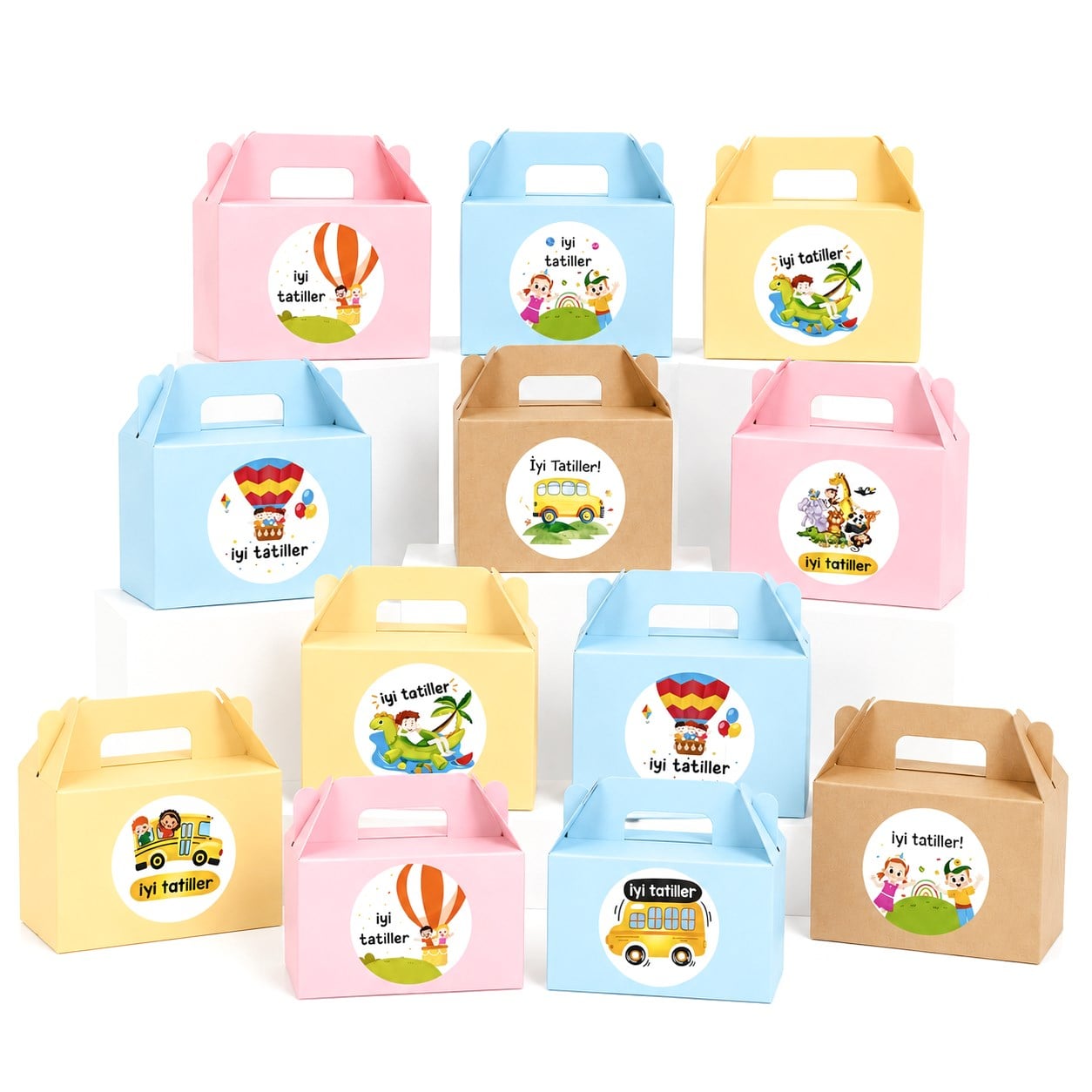 10x14 cm Renkli Hediye Kutusu 12 Adet | İyi Tatiller Etiketli Karne Hediye Kutuları