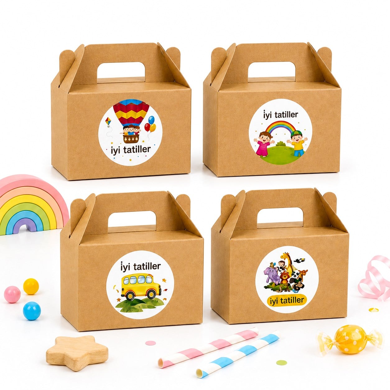 10x14 cm Kraft Hediye Kutusu 12 Adet | İyi Tatiller Etiketli Karne Hediye Kutuları