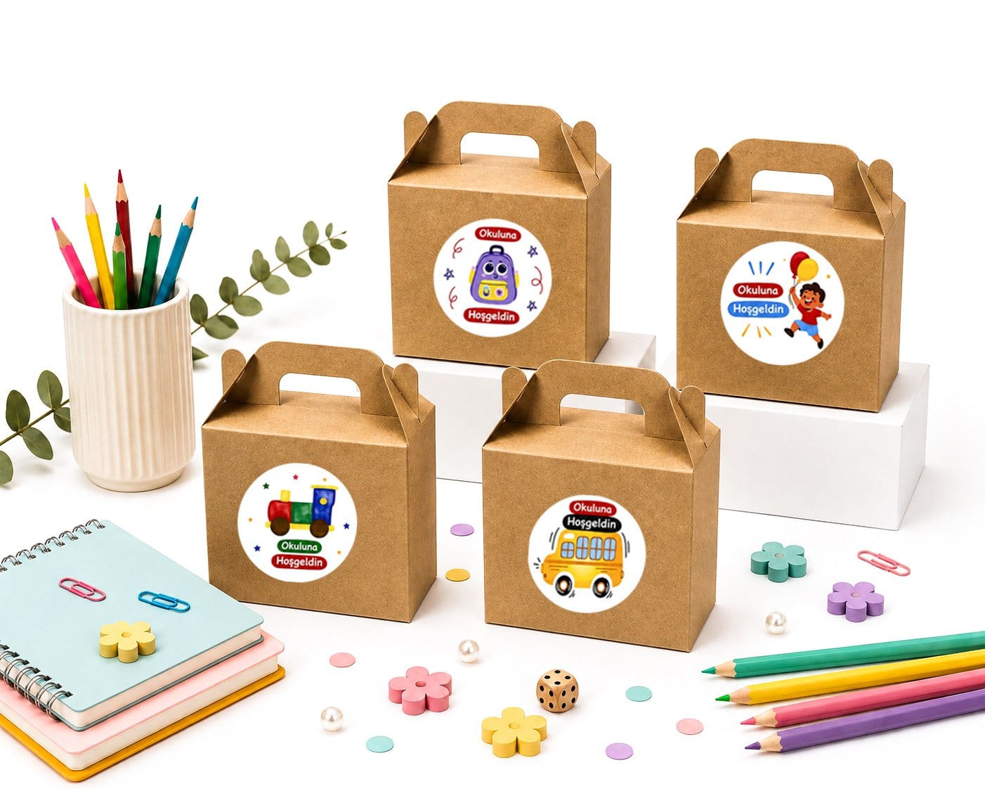10x14 cm Kraft Karton Hediye Kutusu Okuluna Hoşgeldin Etiketli 12li Set