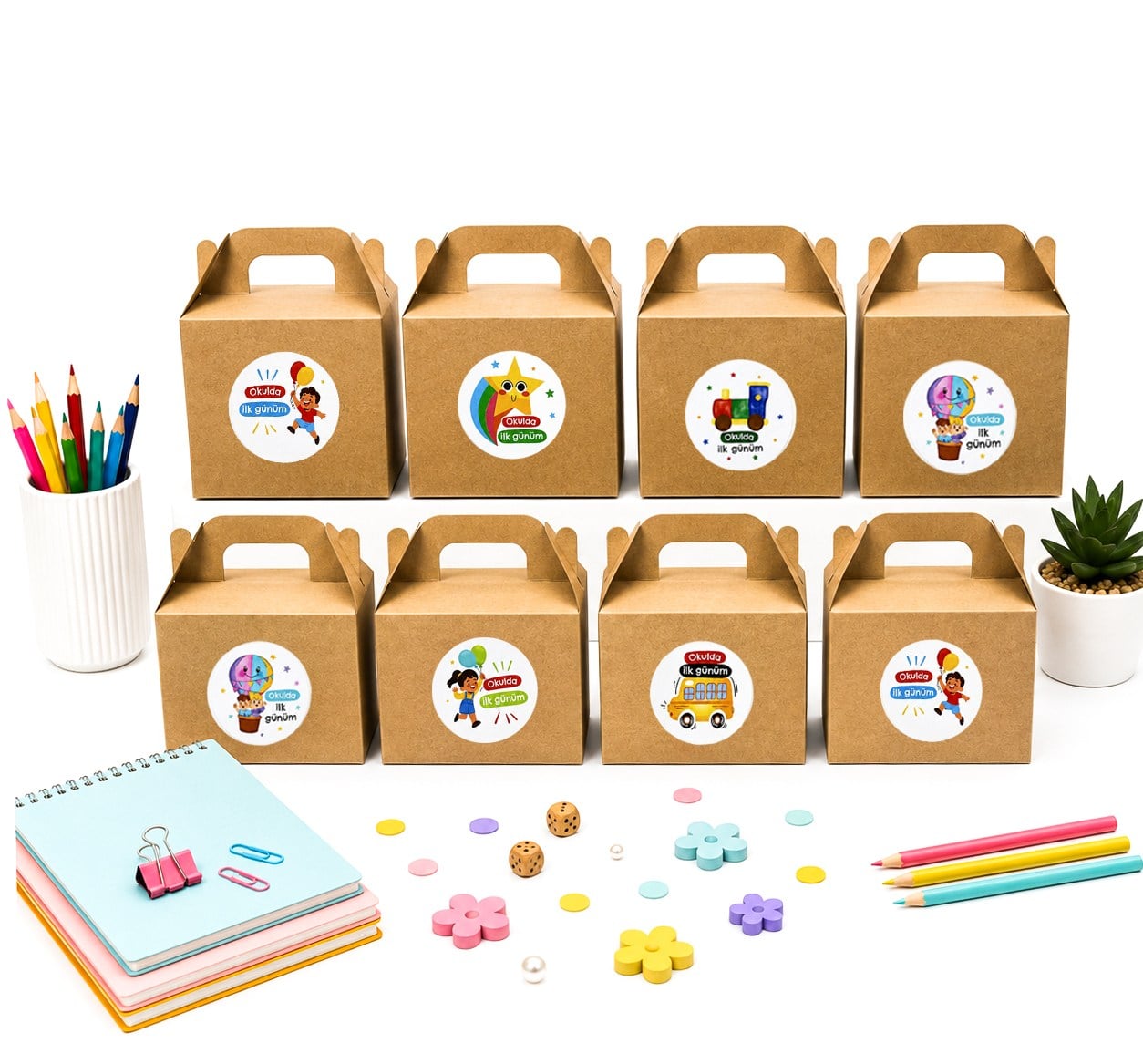 10x14 cm Kraft Karton Hediye Kutusu Okulda İlk Günüm Etiketli 12li Set