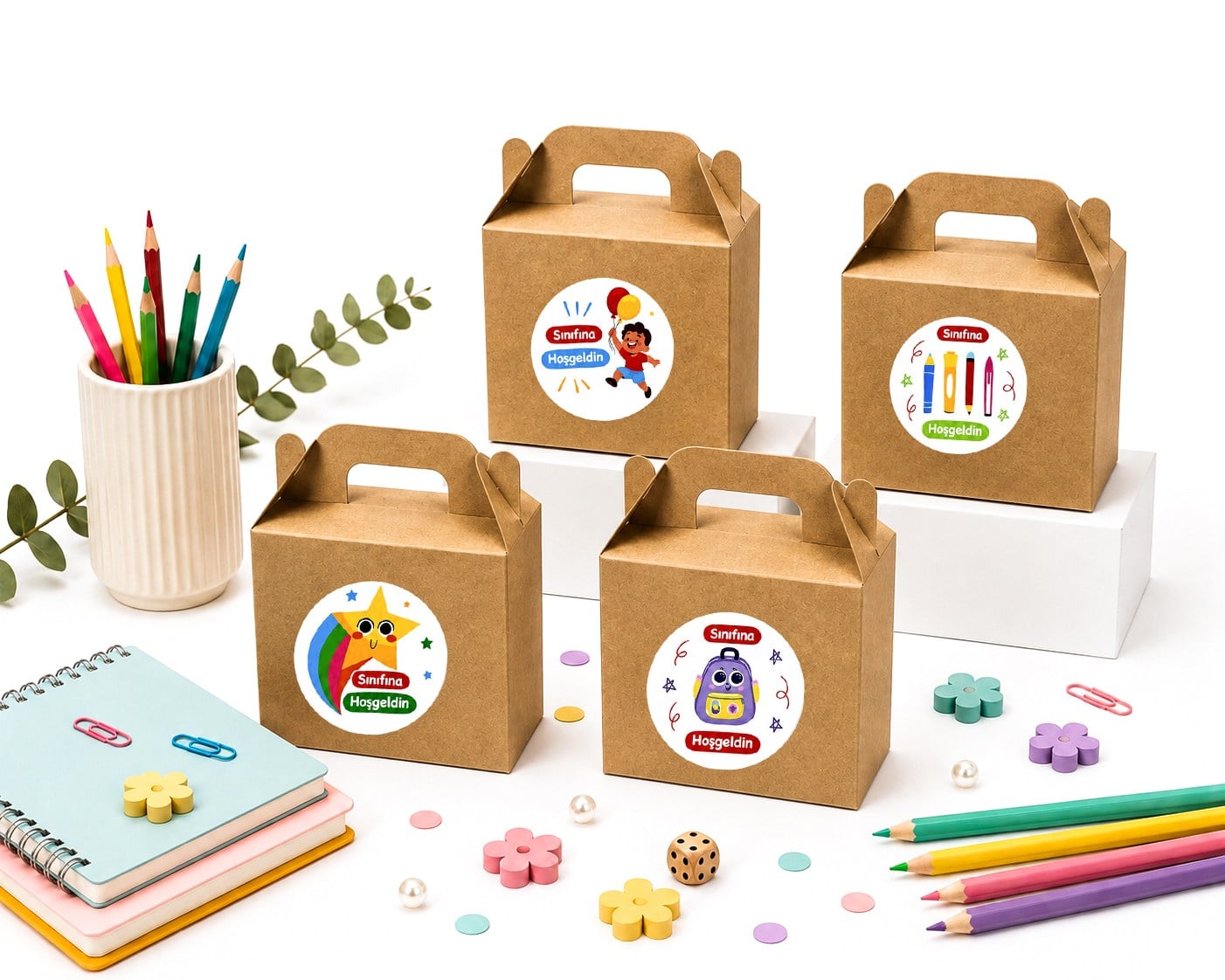 10x14 cm Kraft Karton Hediye Kutusu Sınıfına Hoşgeldin Etiketli 12li Set