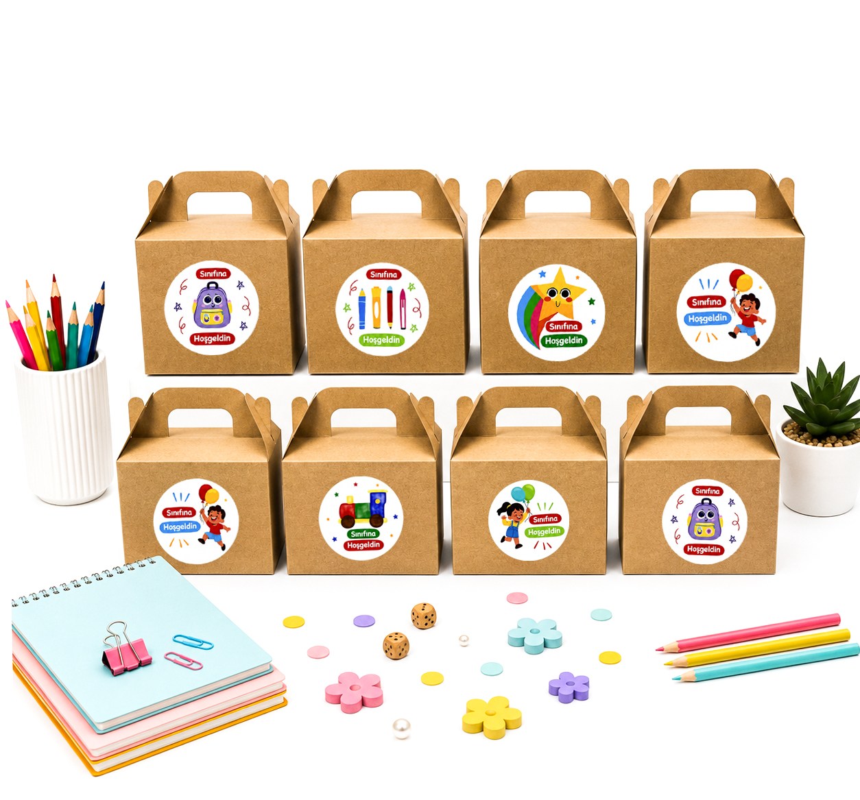 10x14 cm Kraft Karton Hediye Kutusu Sınıfına Hoşgeldin Etiketli 12li Set