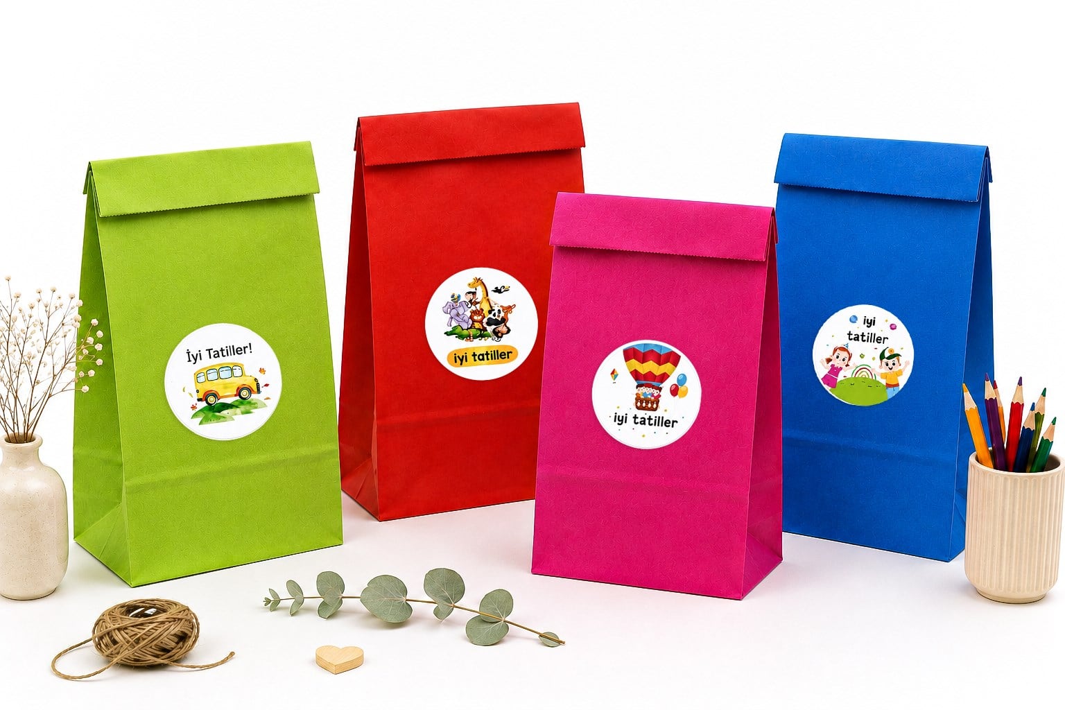 15x29 cm Karne Hediye Paketi ve Etiketli Set | 12li Renkli Kese Kağıdı