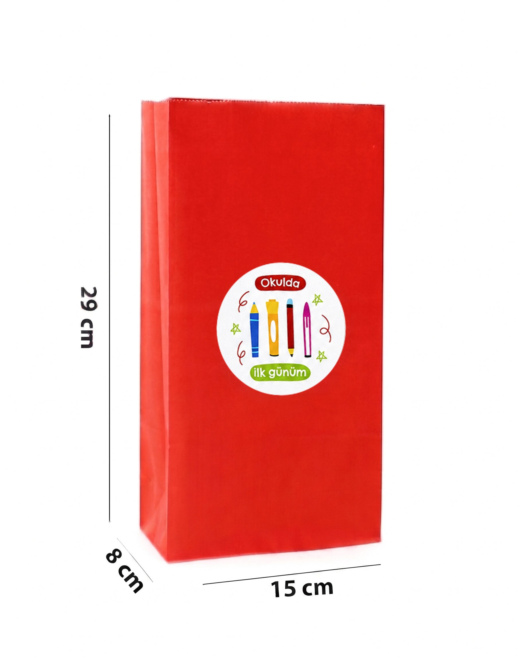 15x29 cm Okulda İlk Günüm Renkli Kese Kağıdı Hediye Çantası Etiketli 12li Set