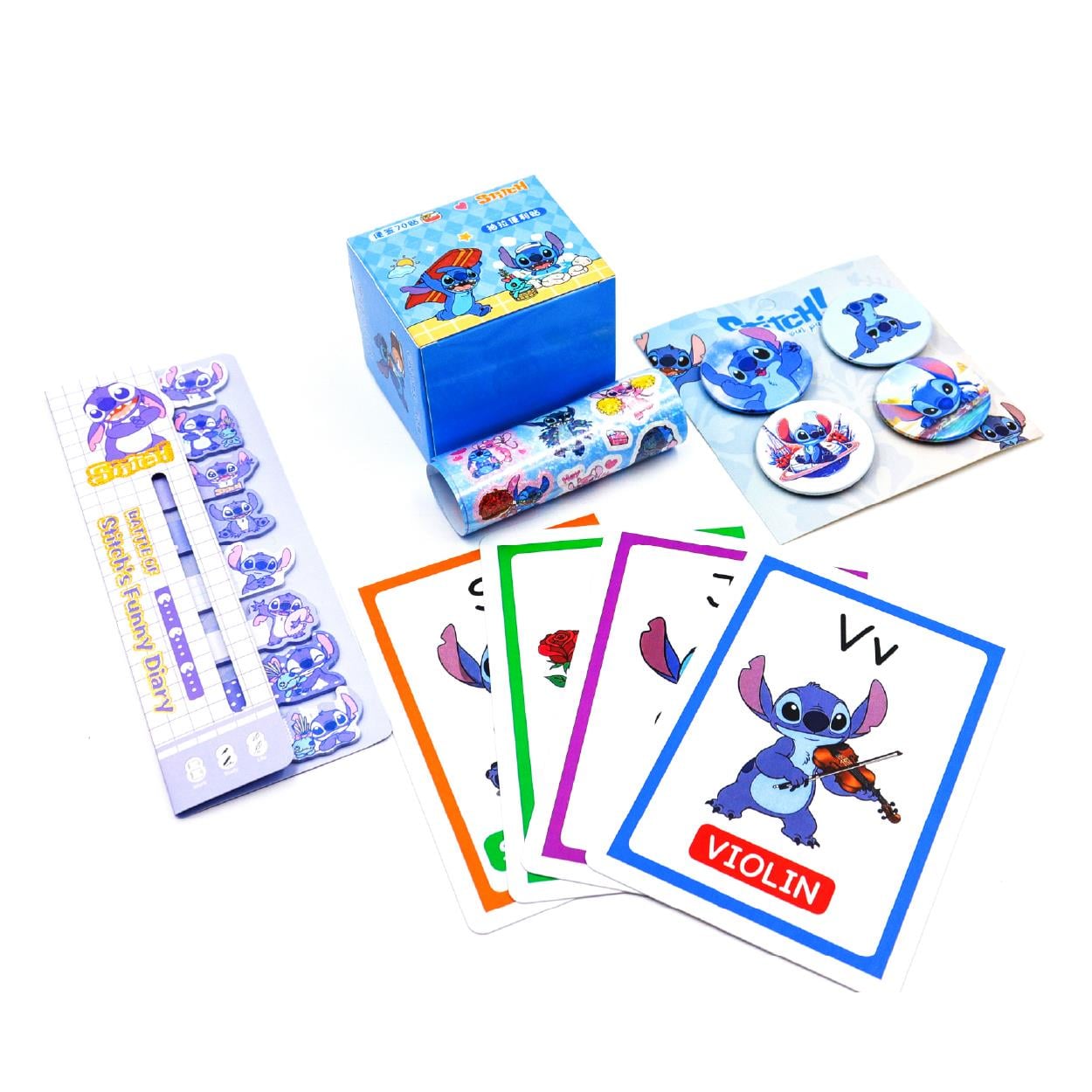 Stitch Hediyelik Set – Flash Kart, Rozet, Etiket, Sticky Notes (Asetat Çantalı)