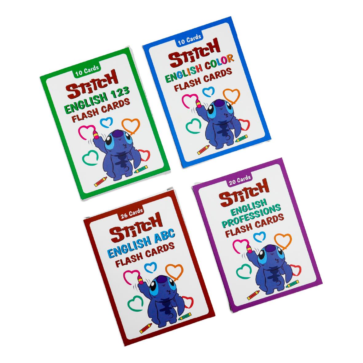 Stitch İngilizce Flash Kartlar – 4lü Set (ABC, 123, Renkler, Meslekler) Premium Koleksiyon