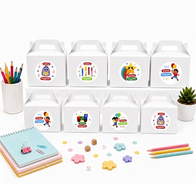 10x14 cm Beyaz Renkli Karton Hediye Kutusu Sınıfına Hoşgeldin Etiketli 12li Set