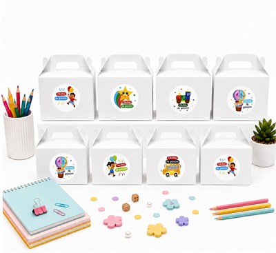 10x14 cm Beyaz Renkli Karton Hediye Kutusu Okulda İlk Günüm Etiketli 12li Set