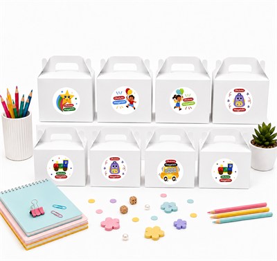 10x14 cm Beyaz Renkli Karton Hediye Kutusu Okuluna Hoşgeldin Etiketli 12li Set