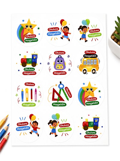 10x14 cm Karışık Renkli Karton Hediye Kutusu Okuluna Hoşgeldin Etiketli 12li Set