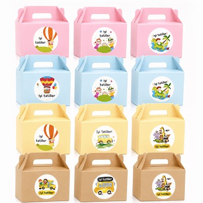 10x14 cm Renkli Hediye Kutusu 12 Adet | İyi Tatiller Etiketli Karne Hediye Kutuları