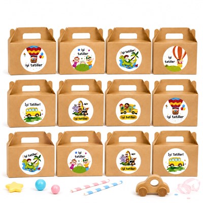 10x14 cm Kraft Hediye Kutusu 12 Adet | İyi Tatiller Etiketli Karne Hediye Kutuları