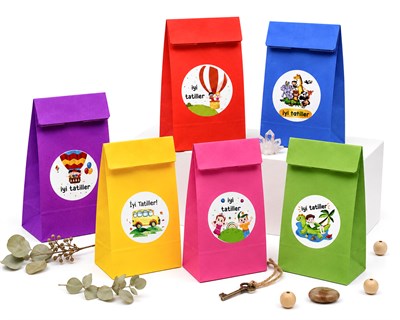 15x29 cm Karne Hediye Paketi ve Etiketli Set | 12li Renkli Kese Kağıdı