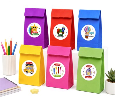 15x29 cm Okulda İlk Günüm Renkli Kese Kağıdı Hediye Çantası Etiketli 12li Set