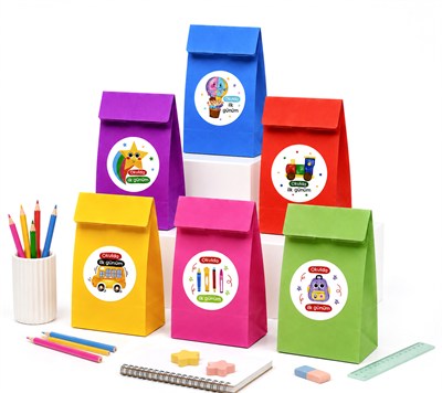 15x29 cm Okulda İlk Günüm Renkli Kese Kağıdı Hediye Çantası Etiketli 12li Set