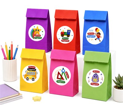15x29 cm Okuluna Hoşgeldin Renkli Kese Kağıdı Hediye Çantası Etiketli 12li Set
