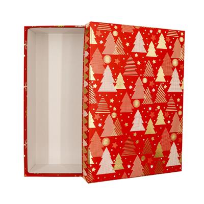 27x19x7 Premium Kalite Yılbaşı Hediye Kutusu – Özel Tasarım Kalın Karton Altın Çam Ağaçlı Desenli