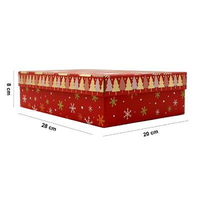 28x20x8 Premium Kalite Yılbaşı Hediye Kutusu – Özel Tasarım Kalın Karton Altın Çam Ağaçlı Desenli