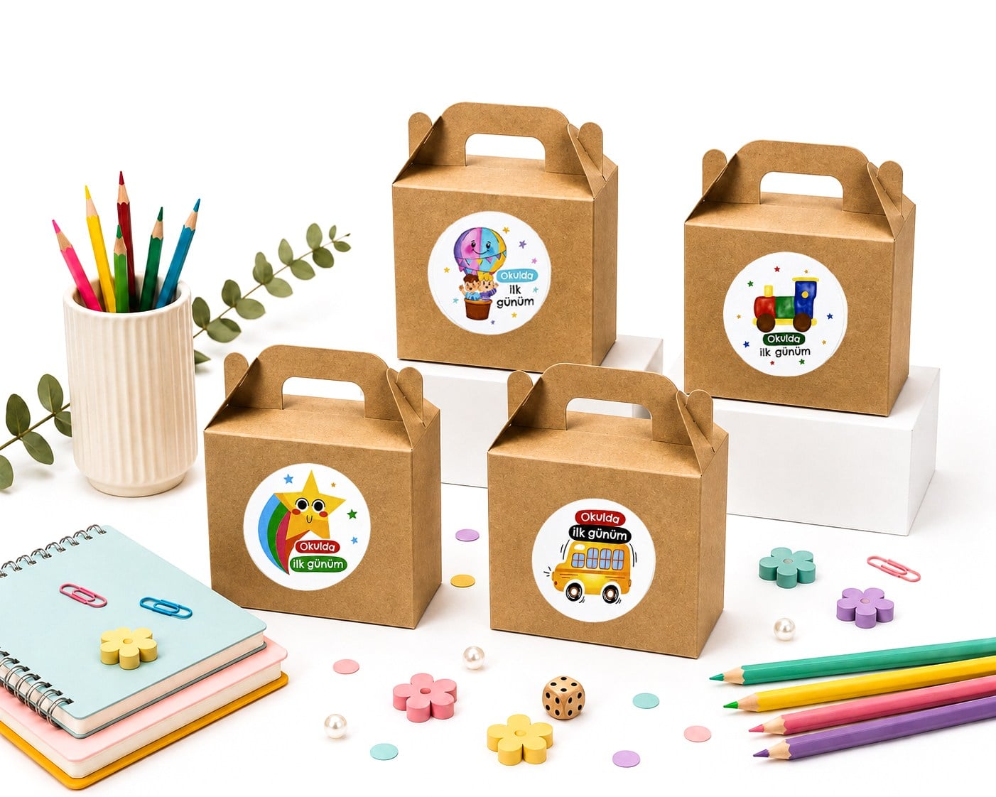 10x14 cm Kraft Karton Hediye Kutusu Okulda İlk Günüm Etiketli 12'li Set